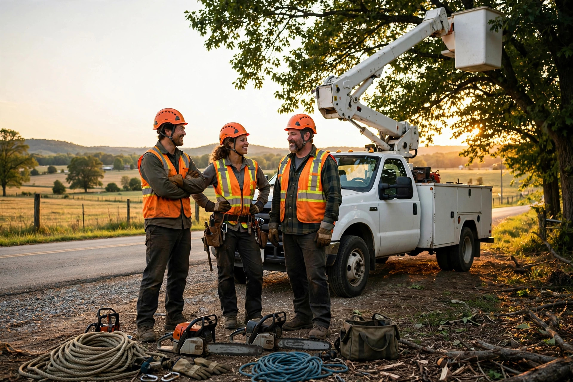 Tree service crew in safety gear beside their bucket truck at golden hour