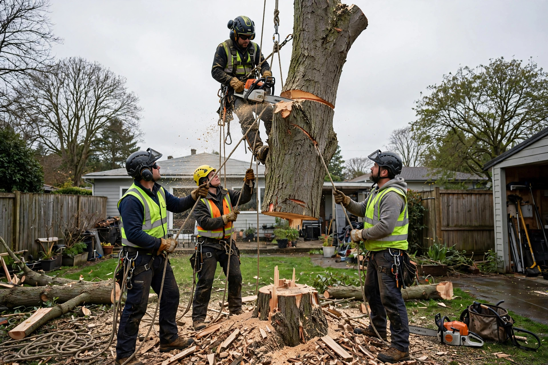 Controlled removal of a large backyard tree, ground crew guiding the trunk section with ropes