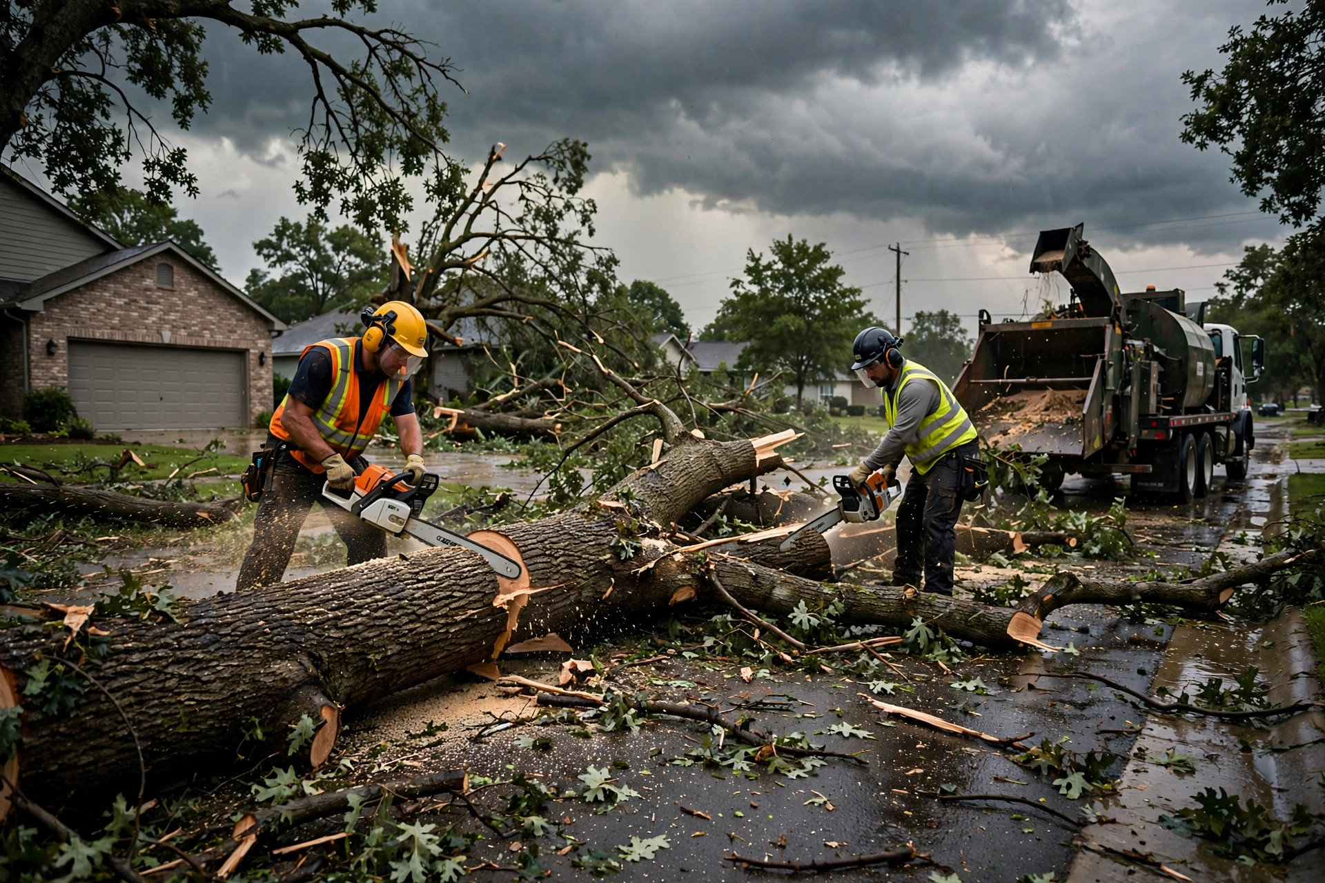 Emergency storm cleanup, workers cutting through a fallen tree blocking a driveway