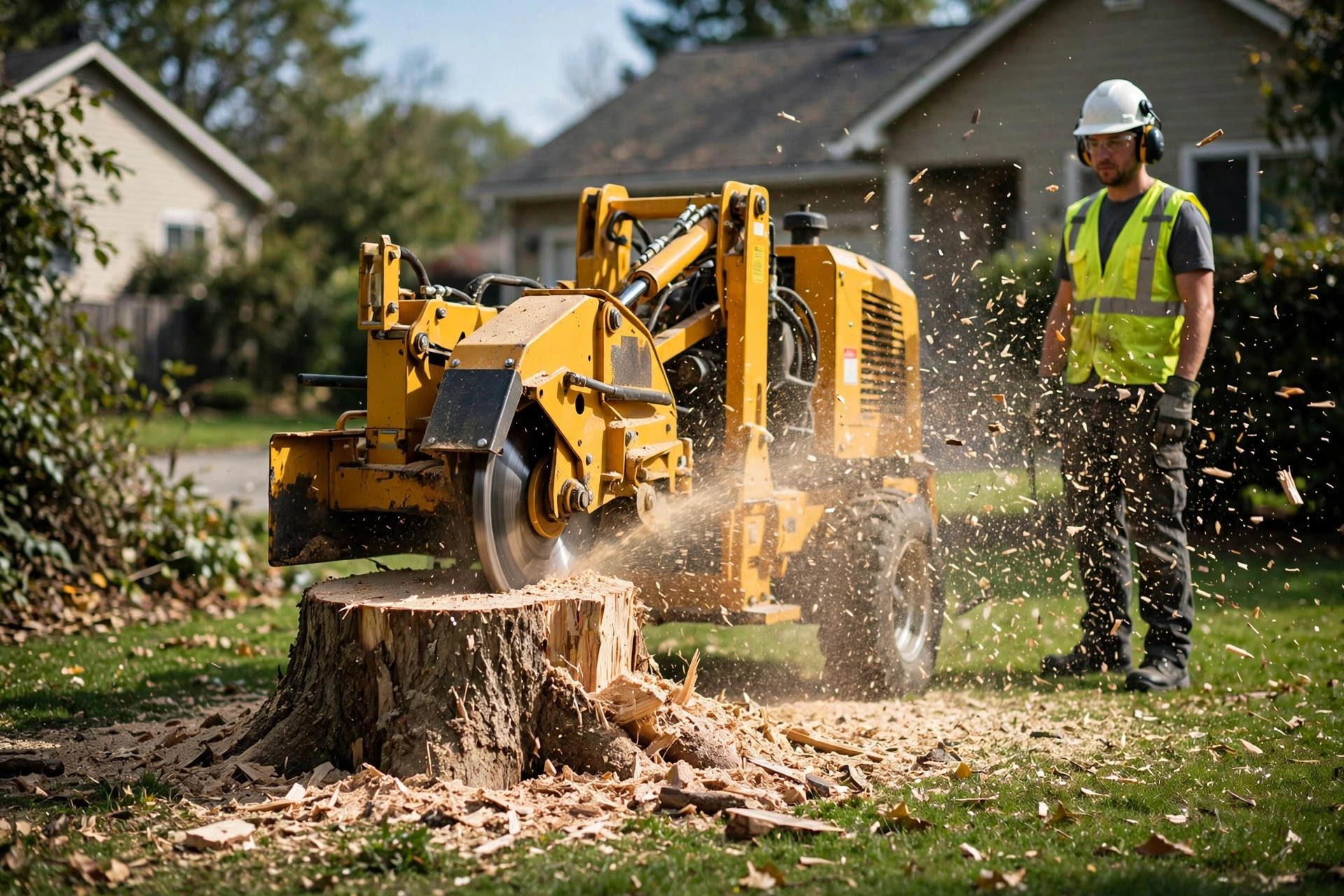 Stump grinder chewing through a large stump in a residential lawn
