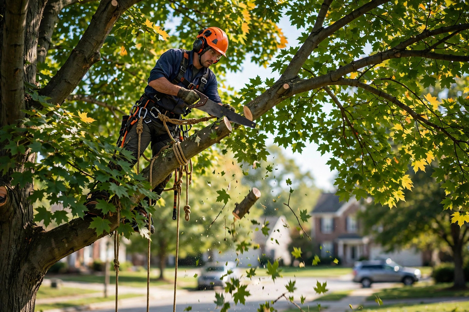 Arborist pruning the crown of a mature maple tree
